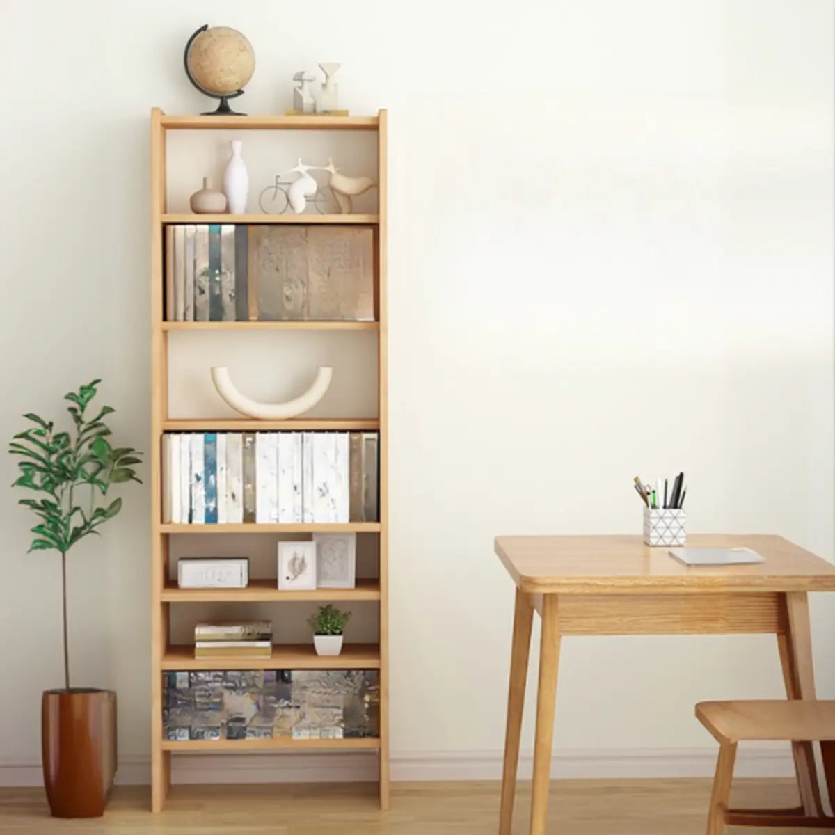 Simple Ladder-Style Adjustable Shelves Pine Bookcase Image - 2