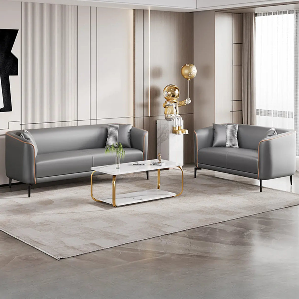 Simple Light Gray Water Resistant Leather Pillow Sofa Image - 6