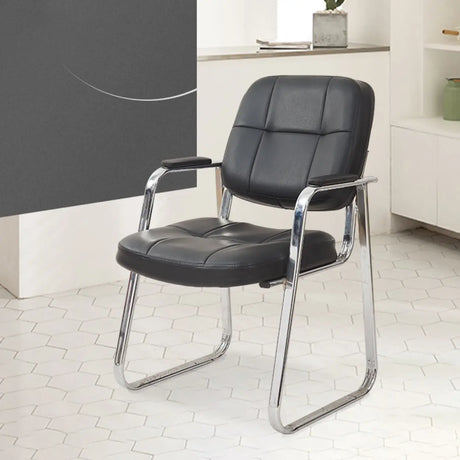 Simple Metal Frame Fixed Arms Ergonomic Leather Office Chair Image - 1