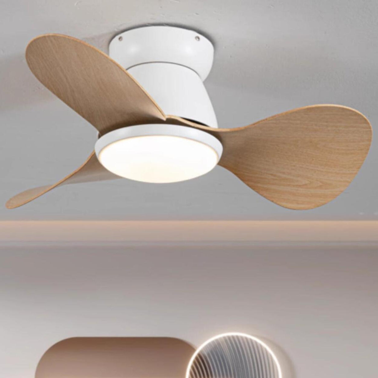 Simple Mini 3-Blade Flush Wood Ceiling Fan with Light Image - 4