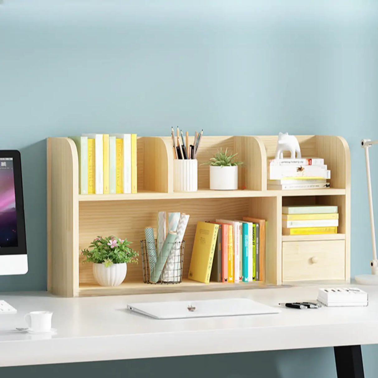 Simple Modern Desktop Wood Grain Storage Bookshelf Image - 30