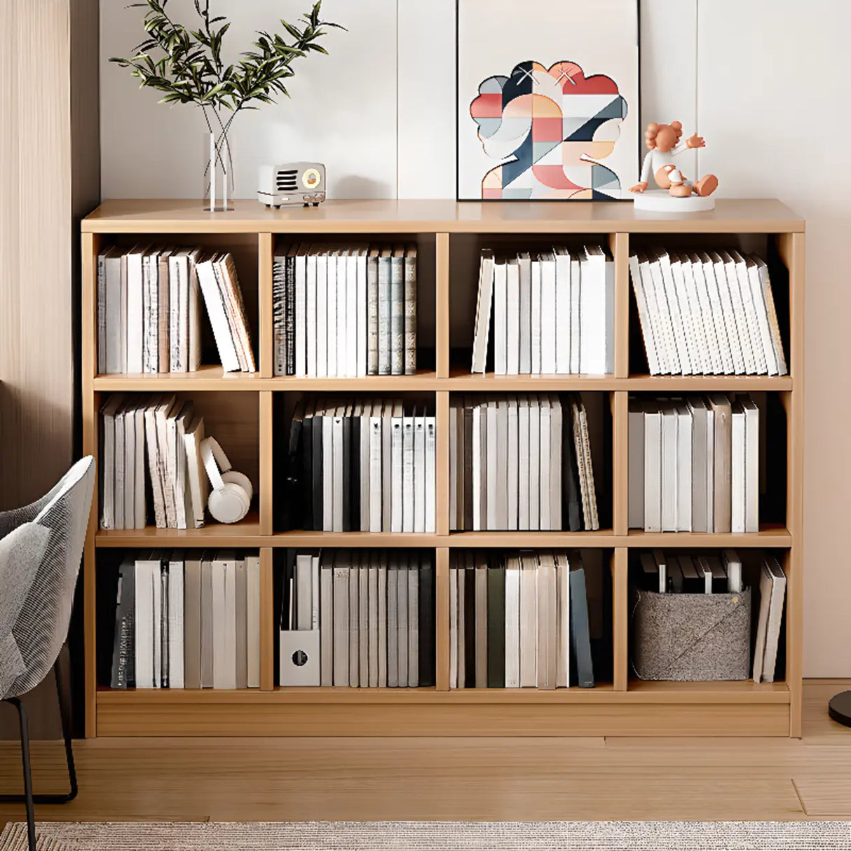 Simple Modern Rectangular Natural Wood Short Bookcase Image - 15