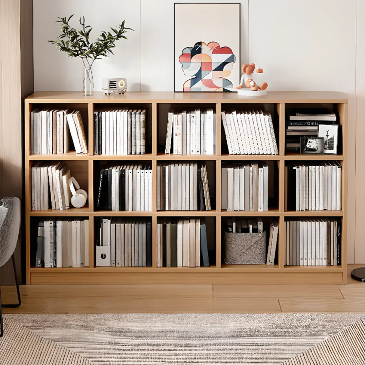Simple Modern Rectangular Natural Wood Short Bookcase Image - 19