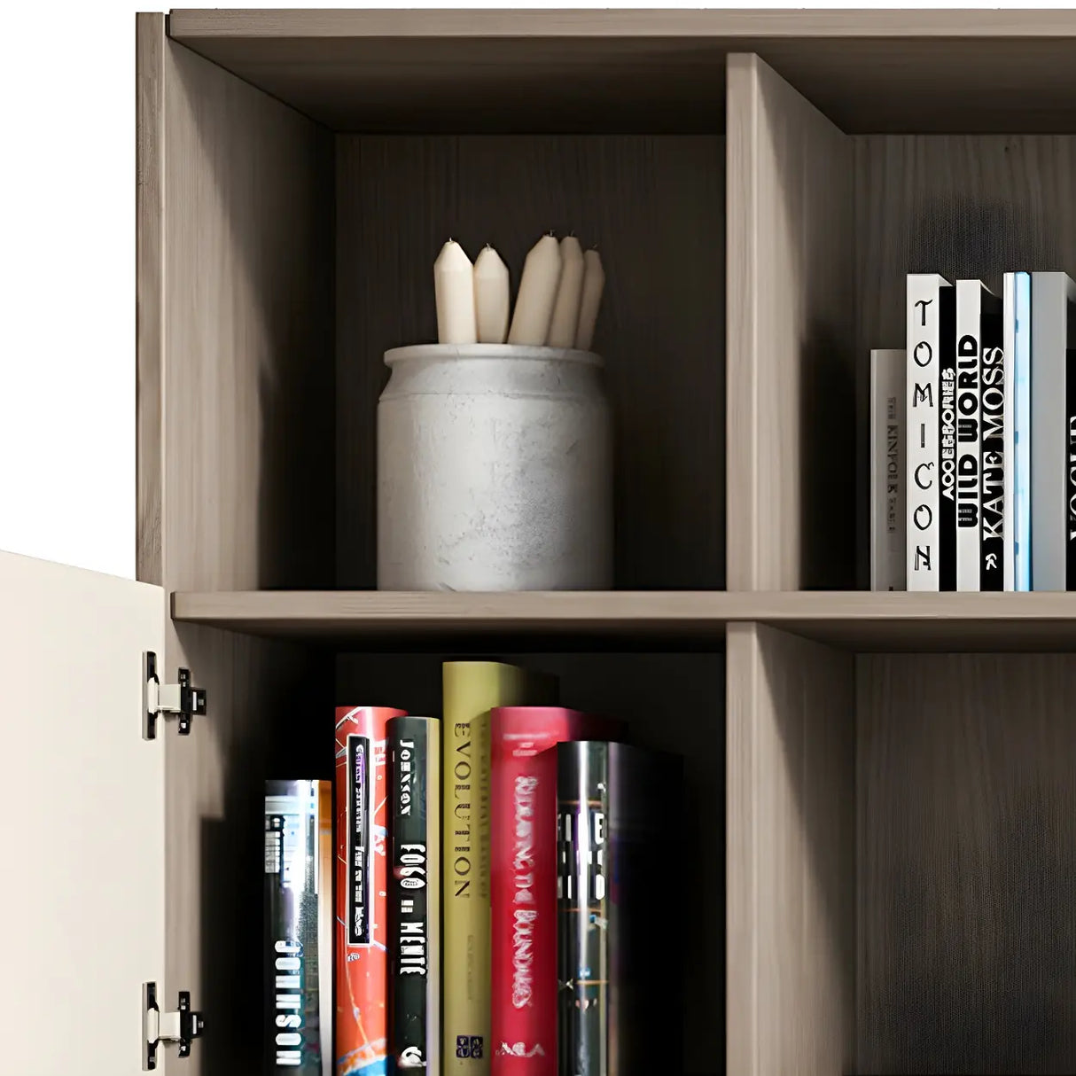 Simple Modish Closed Back Brown Wooden Display Bookcase Image - 9