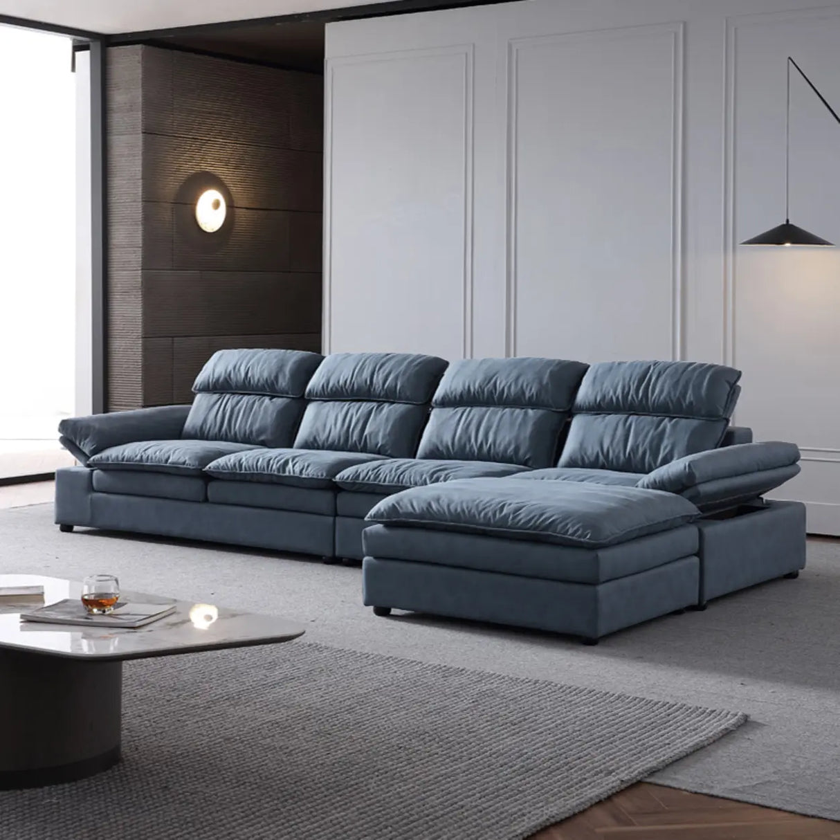 Simple Modular Leather L-Shape Blue Large Sectional Sofa Image - 8