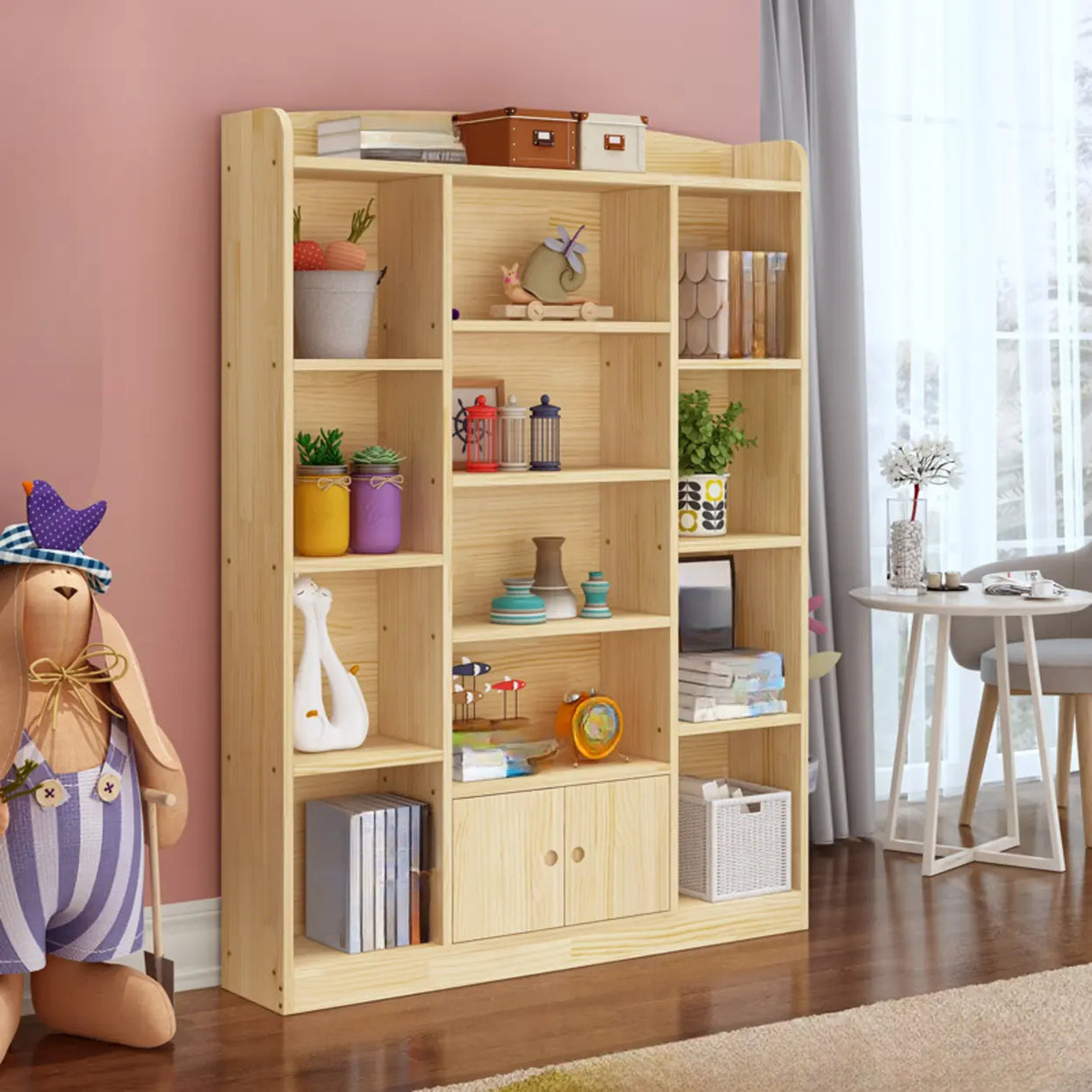 Simple Natural Finish Closed Pine Wood Storage Bookcase Image - 9