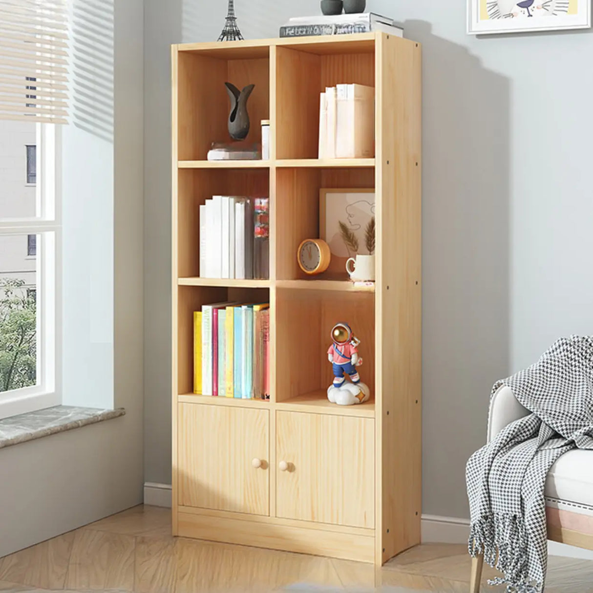 Simple Natural Finish Pine Closed Organizer Bookcase Image - 29