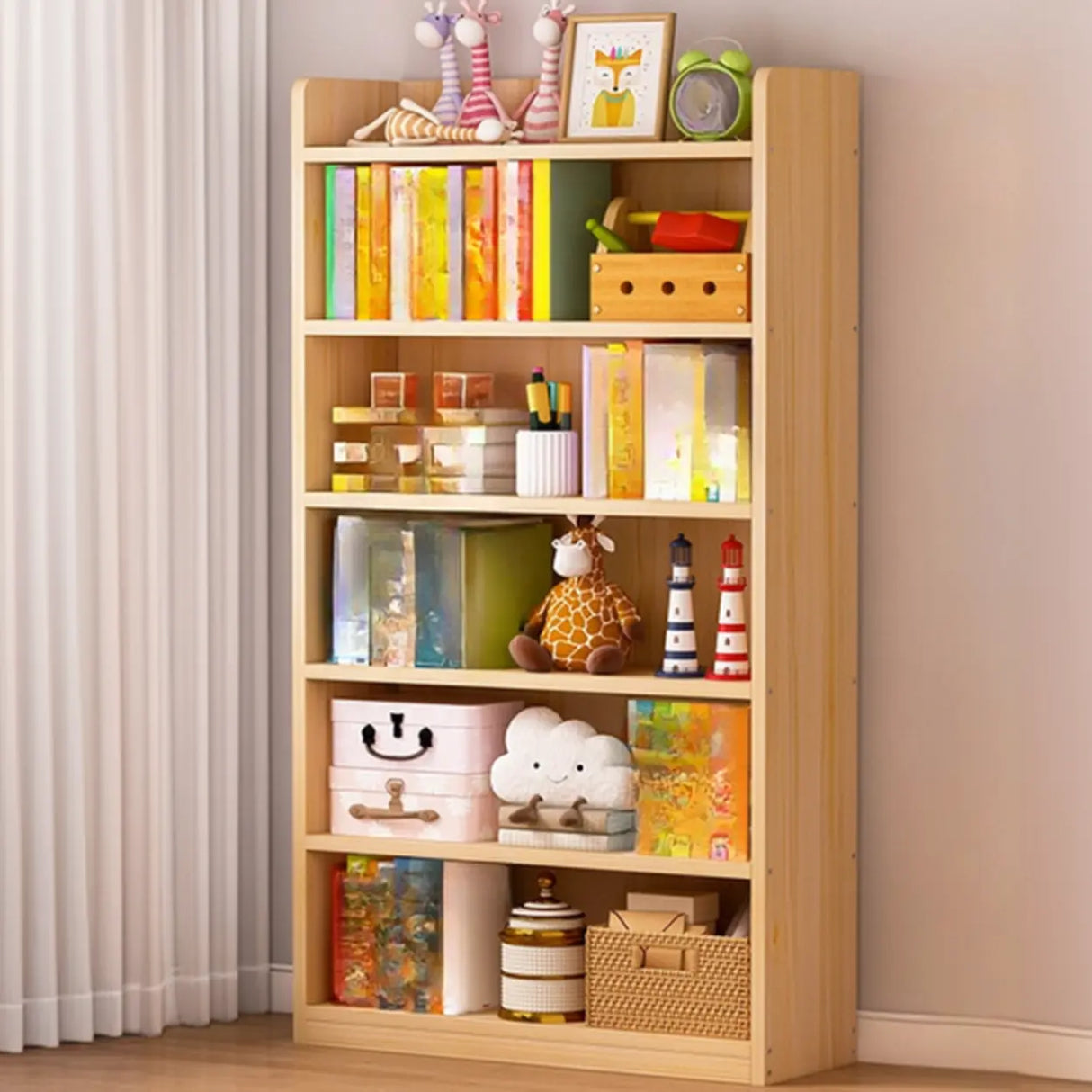 Simple Natural Finish Pine Rectangle Wood Bookcase Image - 18