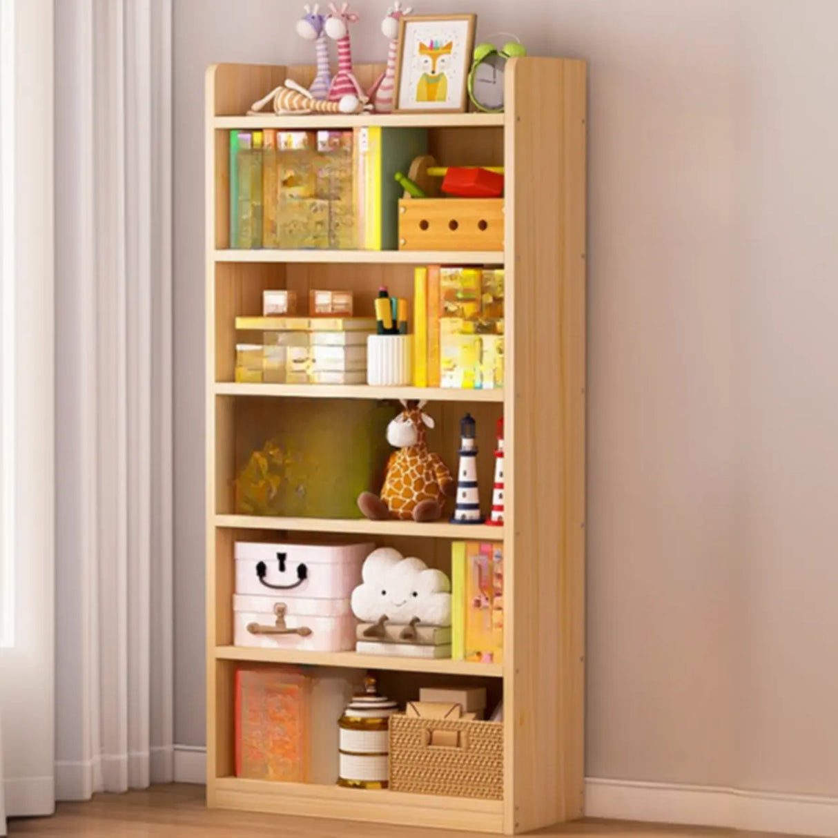 Simple Natural Finish Pine Rectangle Wood Bookcase Image - 20