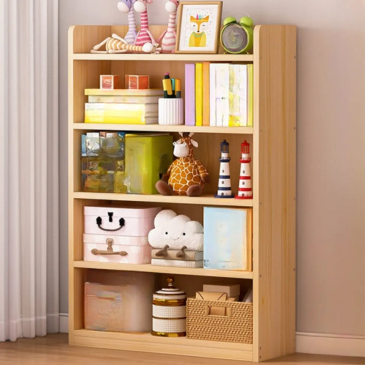Simple Natural Finish Pine Rectangle Wood Bookcase Image - 22