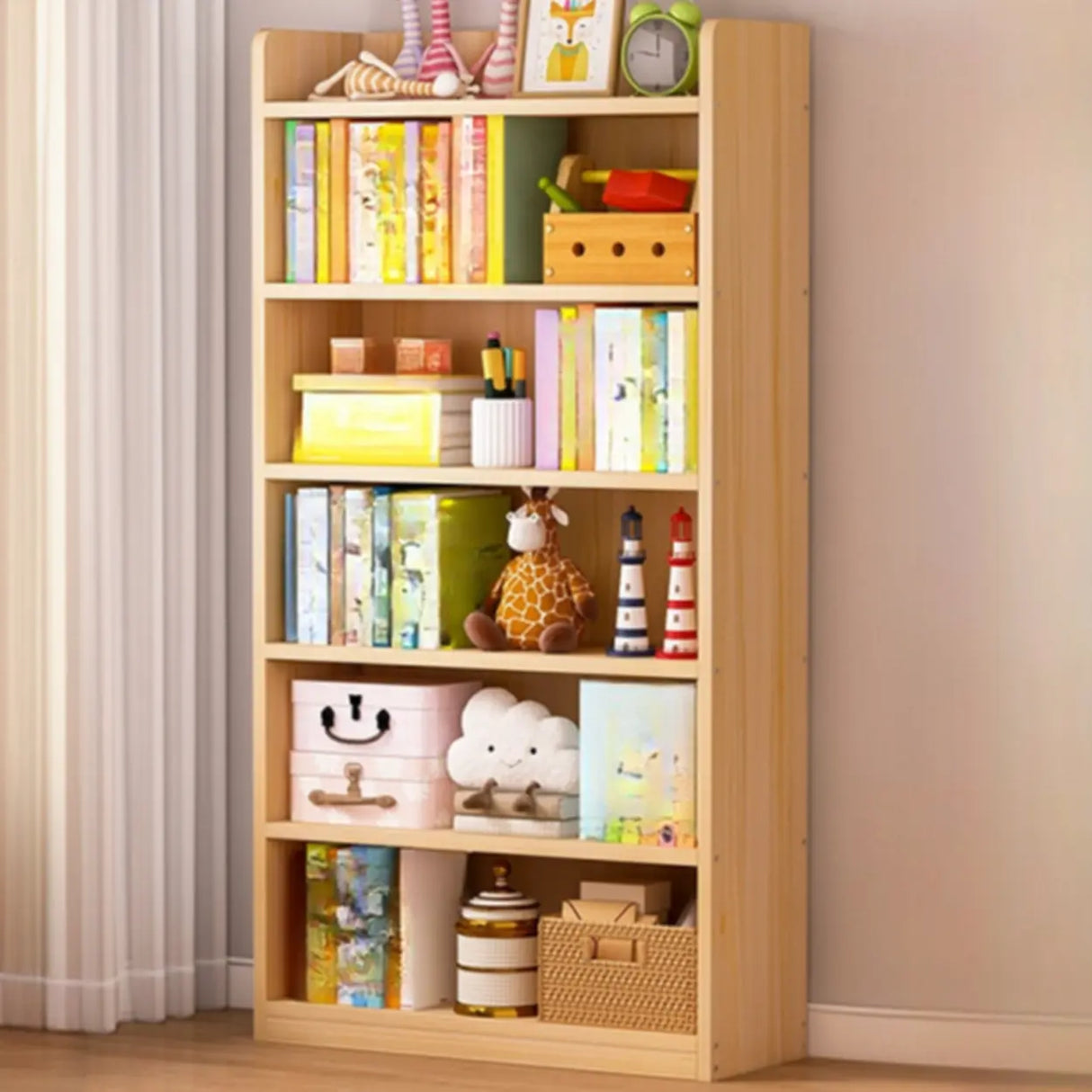 Simple Natural Finish Pine Rectangle Wood Bookcase Image - 6