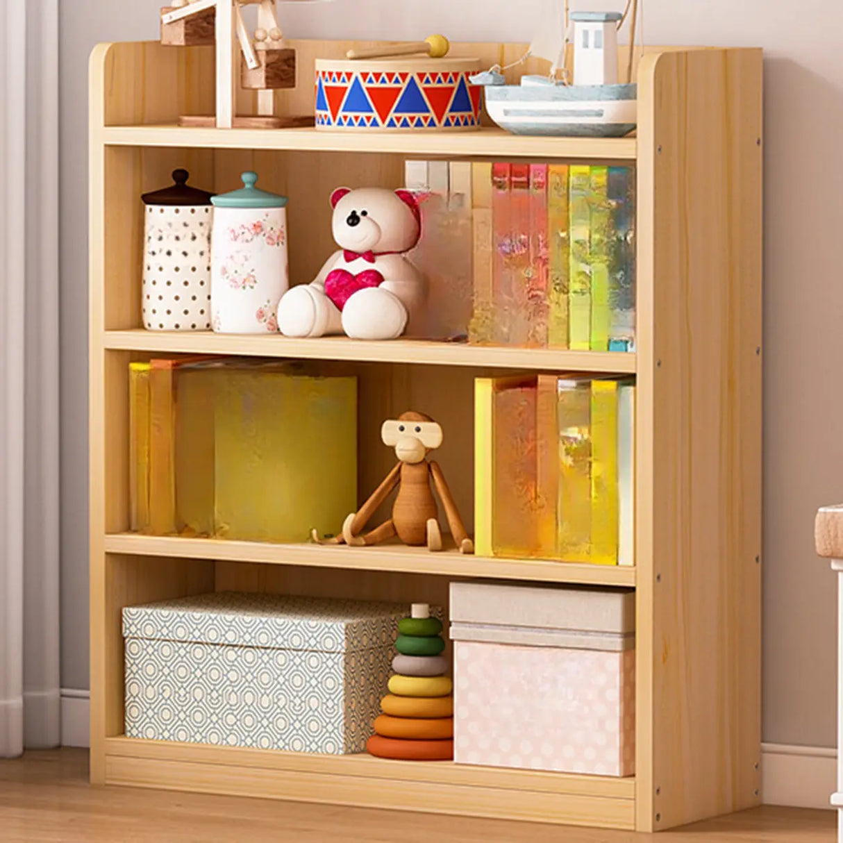 Simple Natural Finish Pine Rectangle Wood Bookcase Image - 9