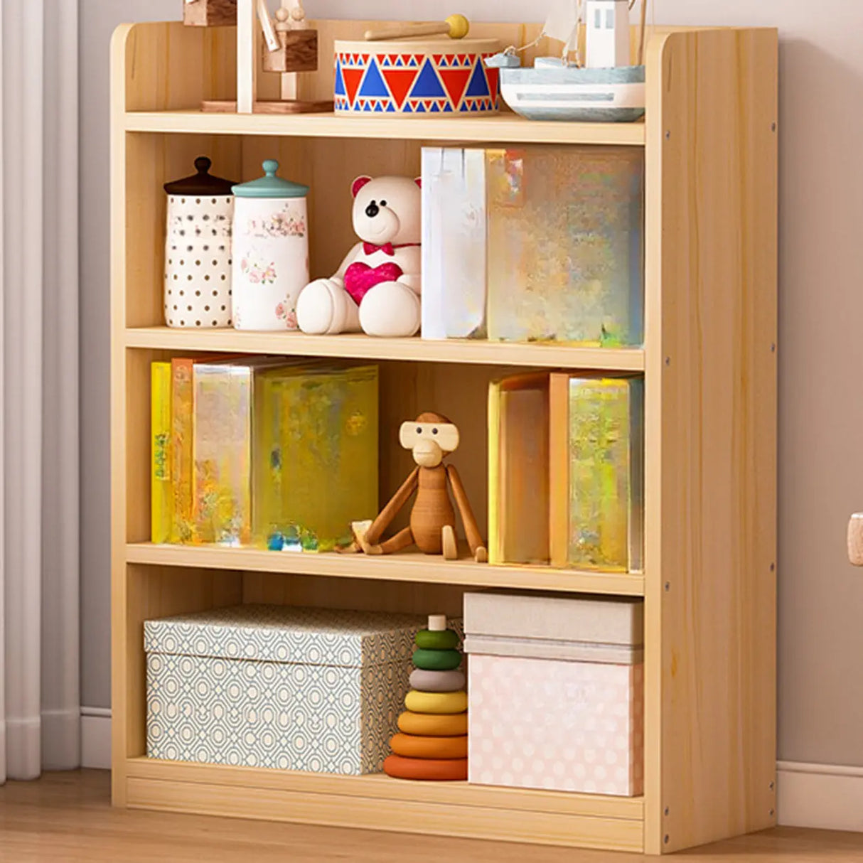 Simple Natural Finish Pine Rectangle Wood Bookcase Image - 10