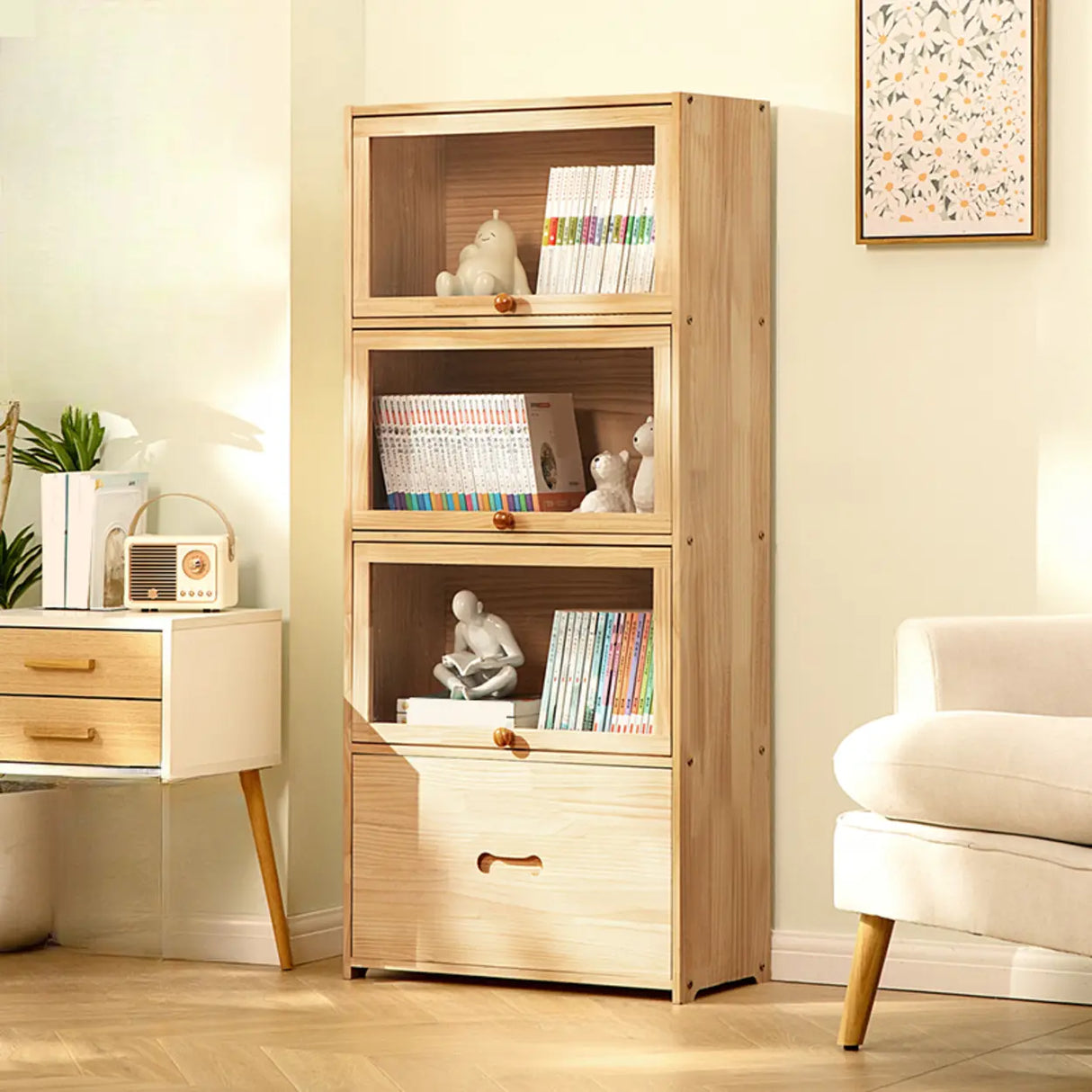 Simple Natural Finish Wood Vertical Display Bookcase Image - 11