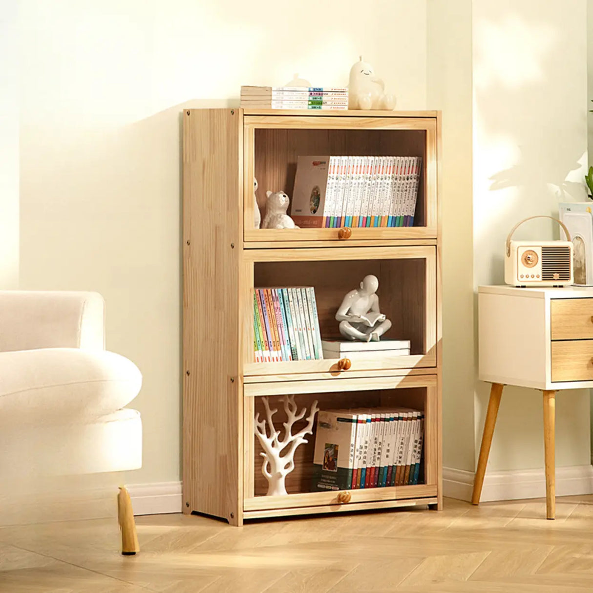 Simple Natural Finish Wood Vertical Display Bookcase Image - 14