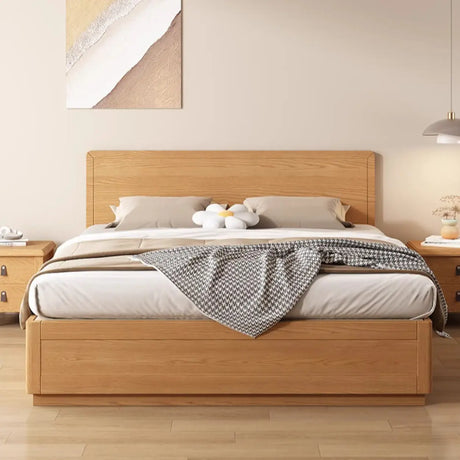 Simple Natural King Headboard Wood Panel Bed Frame Image - 1