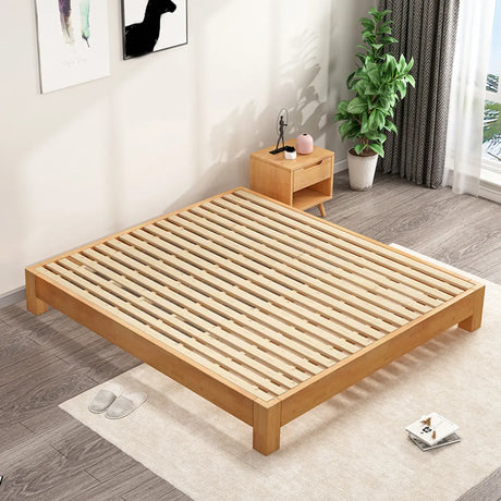 Simple Natural Queen Rubberwood Open-Frame Bed with Legs Image - 1