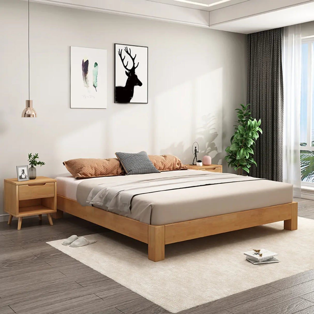 Simple Natural Queen Rubberwood Open-Frame Bed with Legs Image - 4