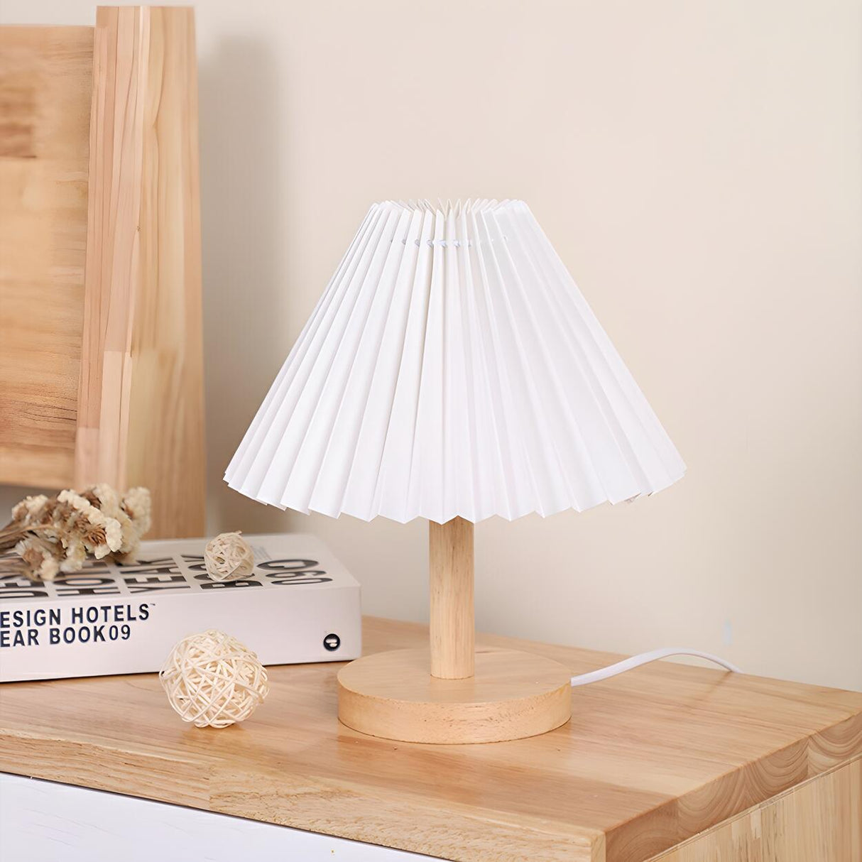 Simple Natural Wood Base White Pleated Shade Table Lamp Image - 14