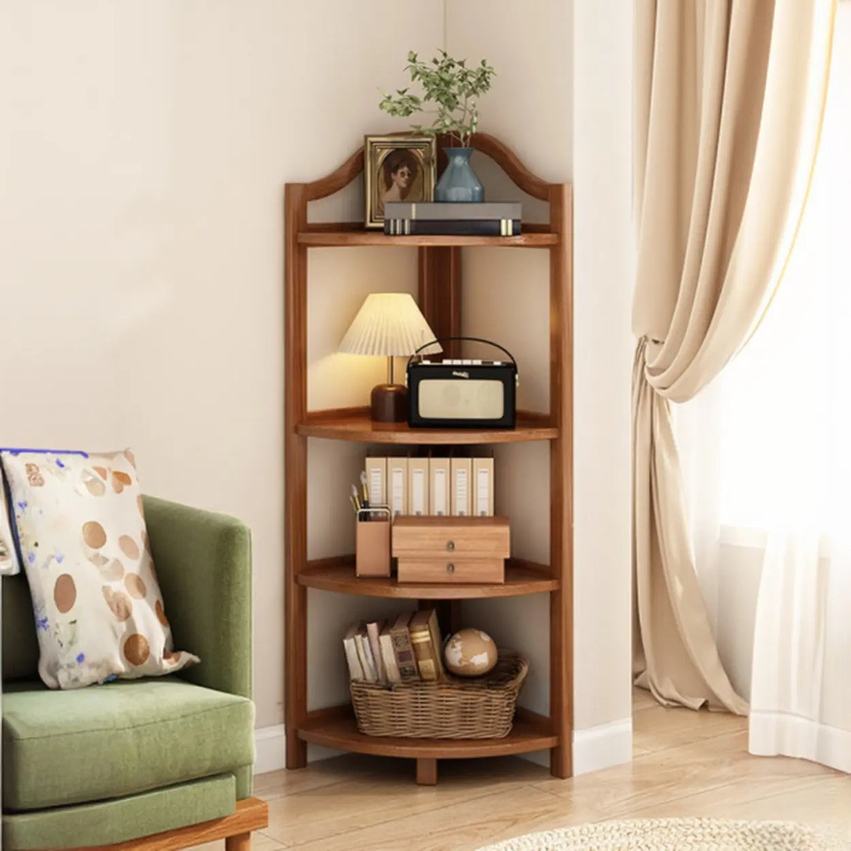 Simple Natural Wood Finish Corner Display Bookshelf Image - 12