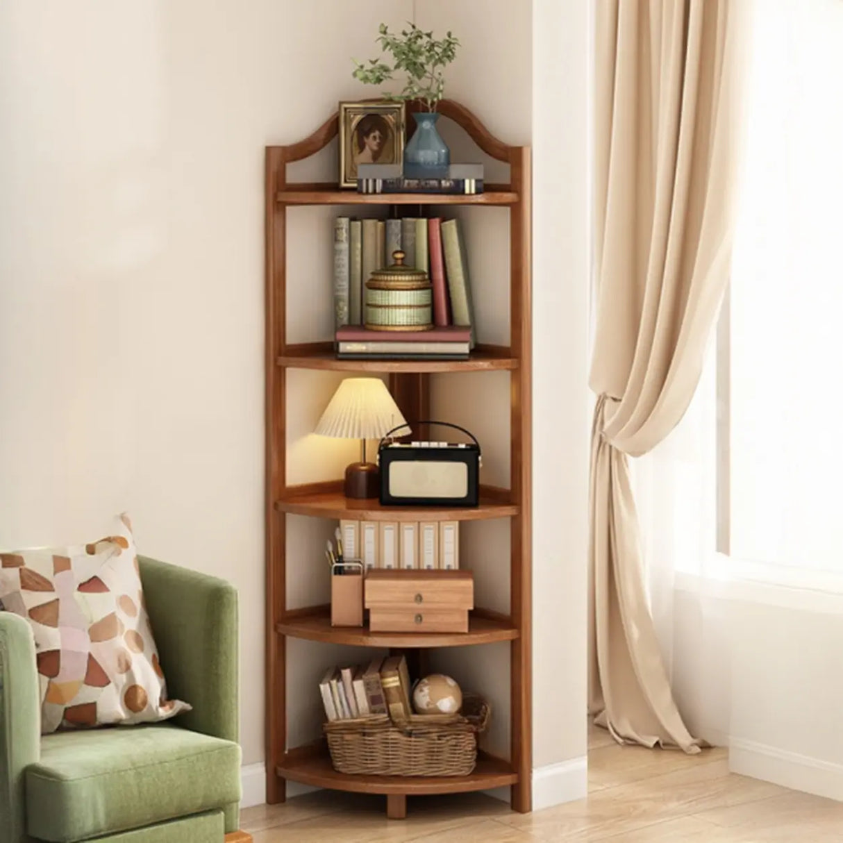 Simple Natural Wood Finish Corner Display Bookshelf Image - 13