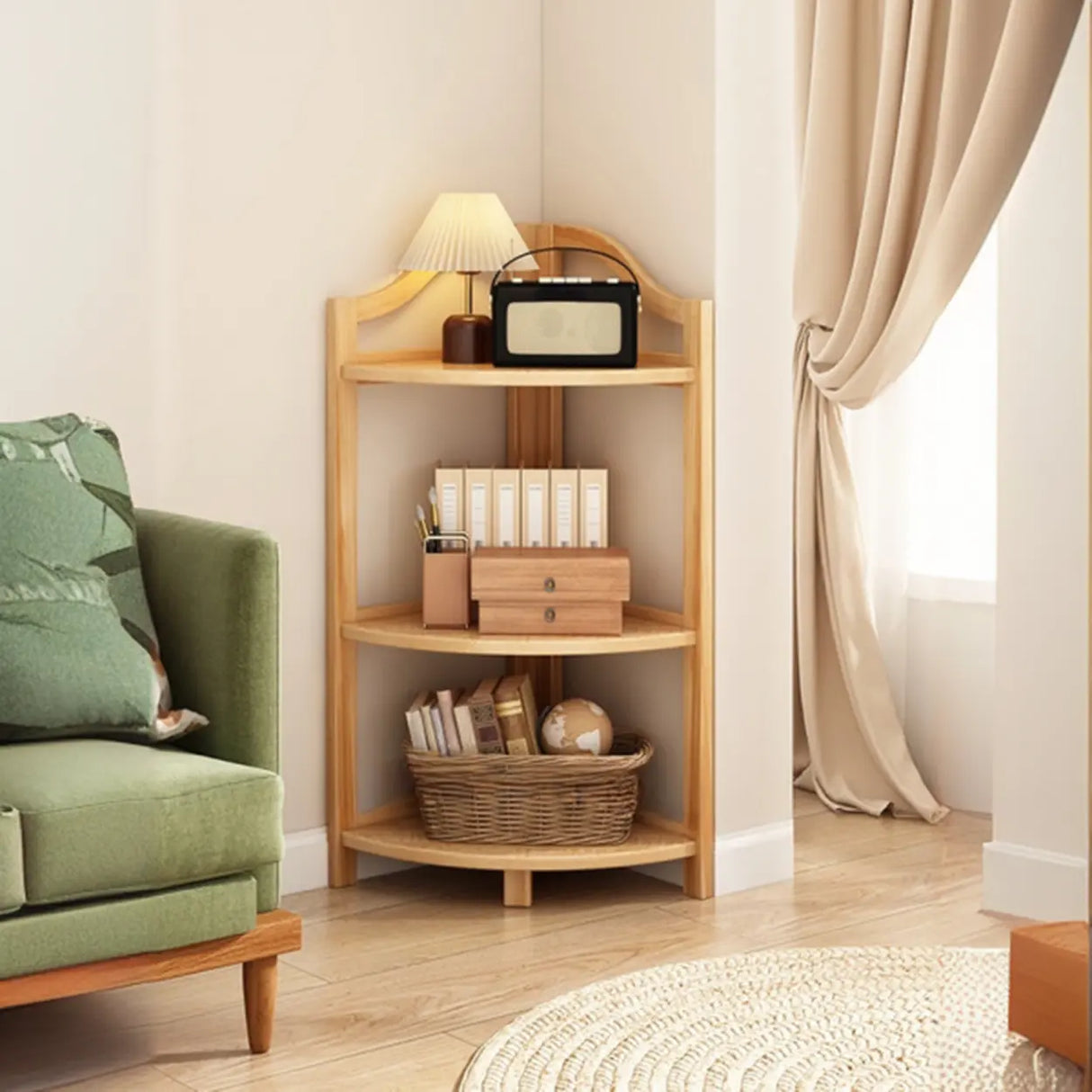 Simple Natural Wood Finish Corner Display Bookshelf Image - 15
