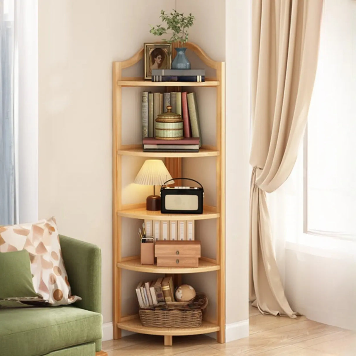 Simple Natural Wood Finish Corner Display Bookshelf Image - 17