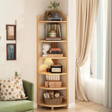 Simple Natural Wood Finish Corner Display Bookshelf Image - 18