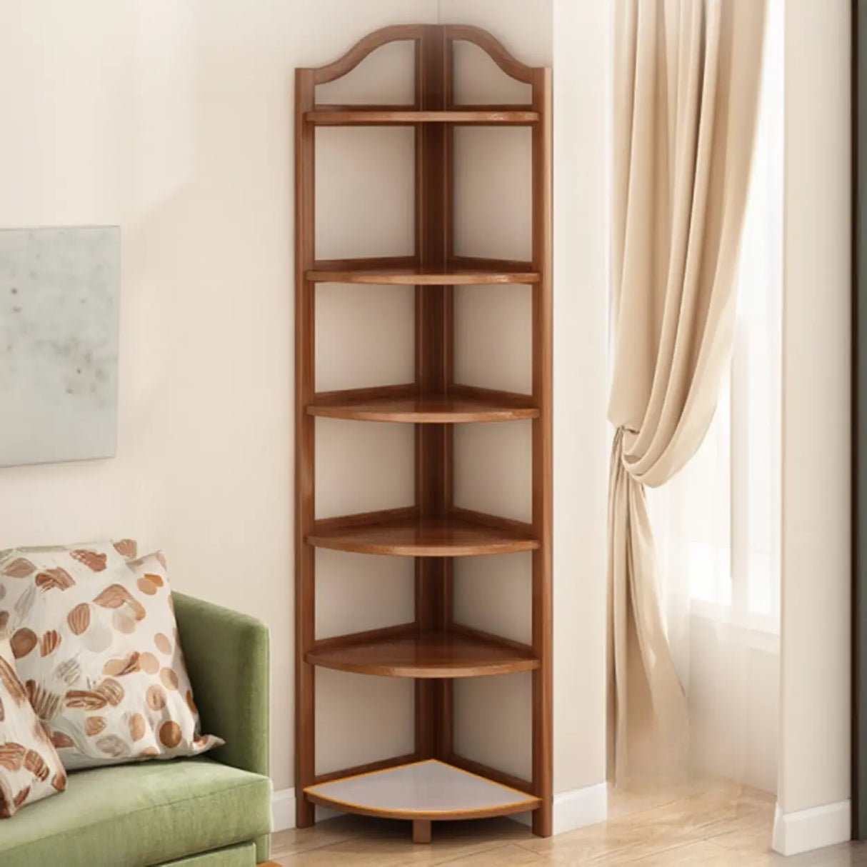 Simple Natural Wood Finish Corner Display Bookshelf Image - 2
