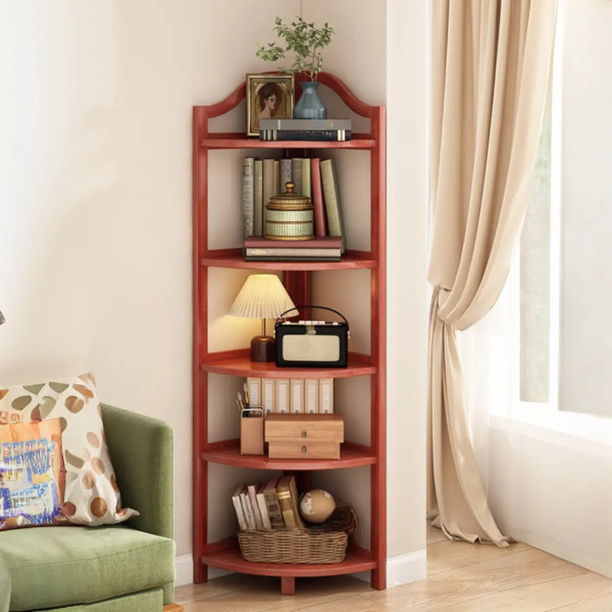 Simple Natural Wood Finish Corner Display Bookshelf Image - 8