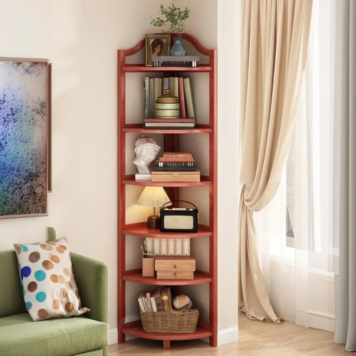 Simple Natural Wood Finish Corner Display Bookshelf Image - 9