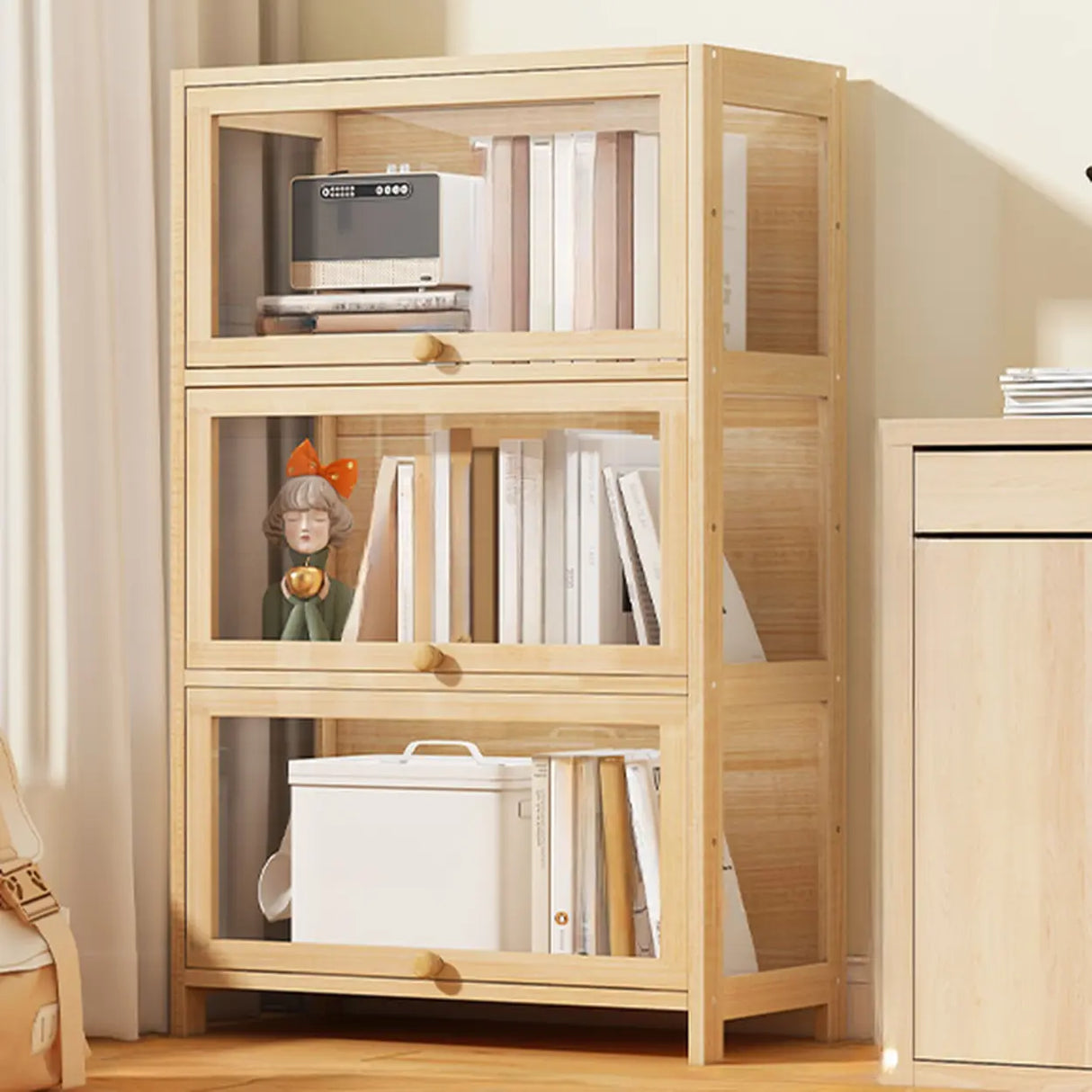 Simple Natural Wood Finish Vertical Timber Bookcase Image - 2