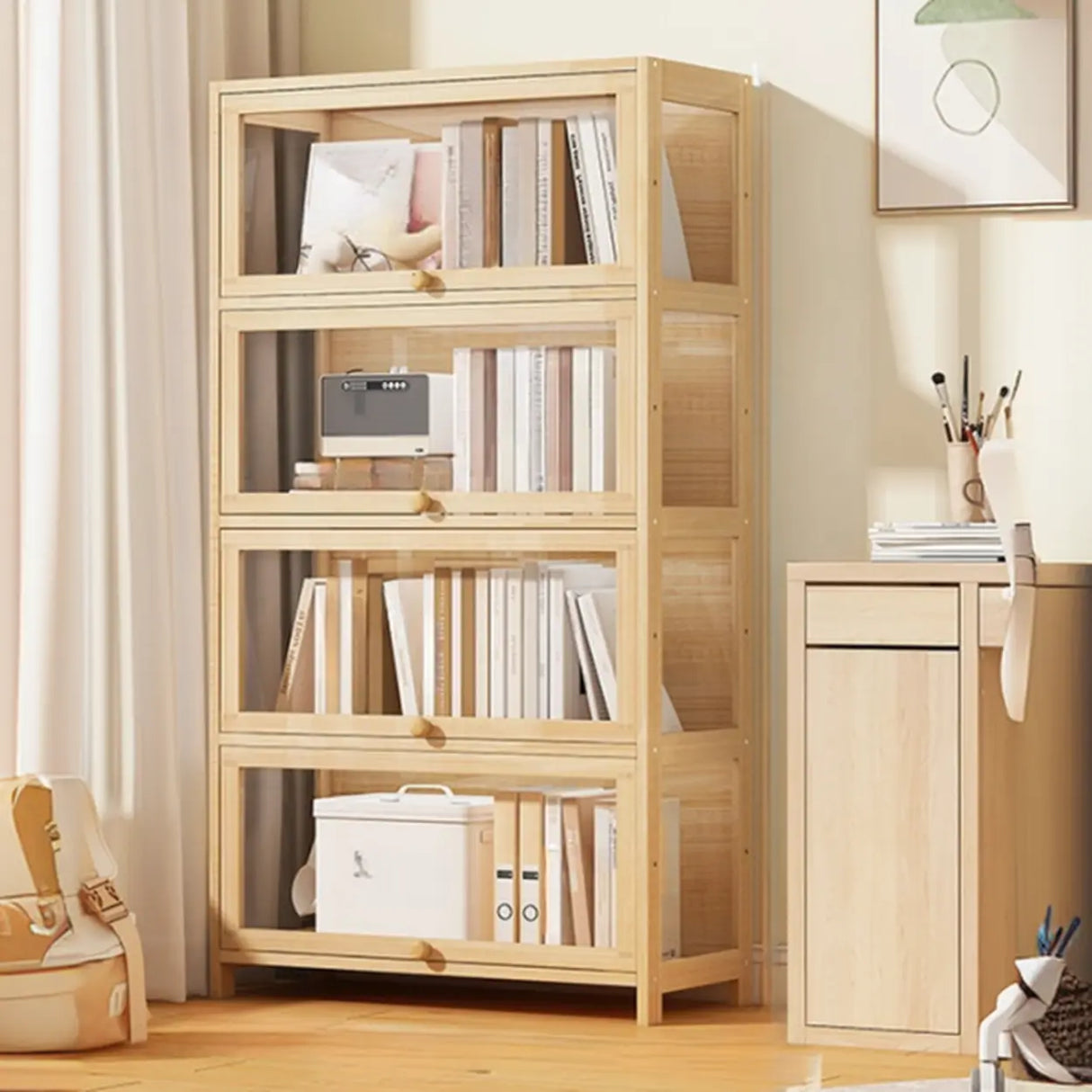 Simple Natural Wood Finish Vertical Timber Bookcase Image - 3