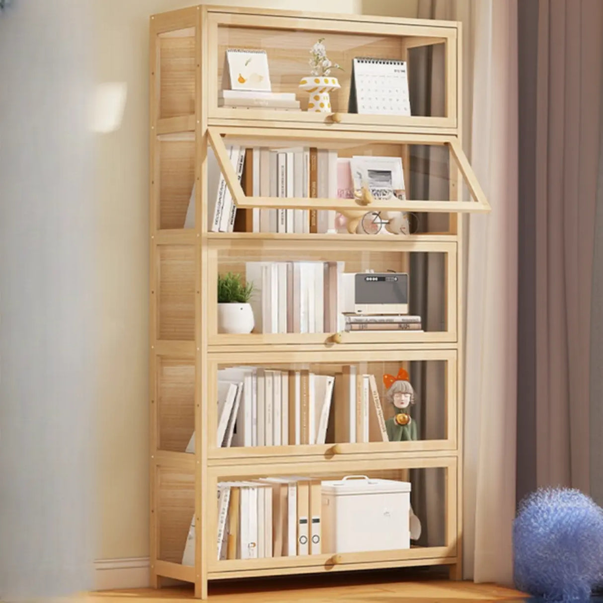Simple Natural Wood Finish Vertical Timber Bookcase Image - 4