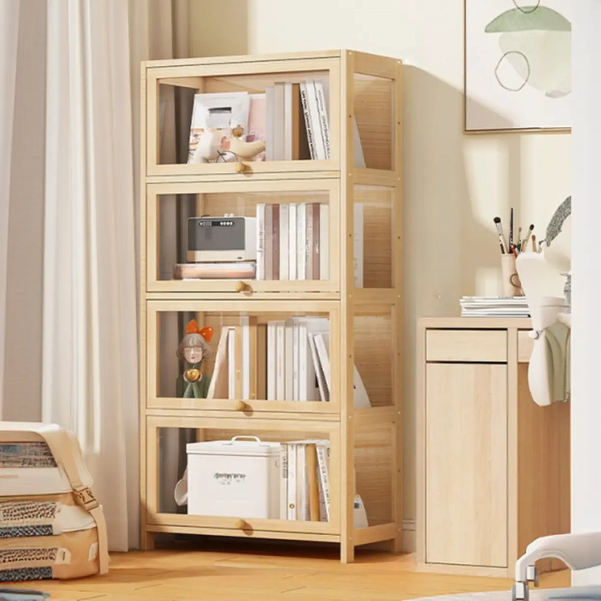 Simple Natural Wood Finish Vertical Timber Bookcase Image - 5