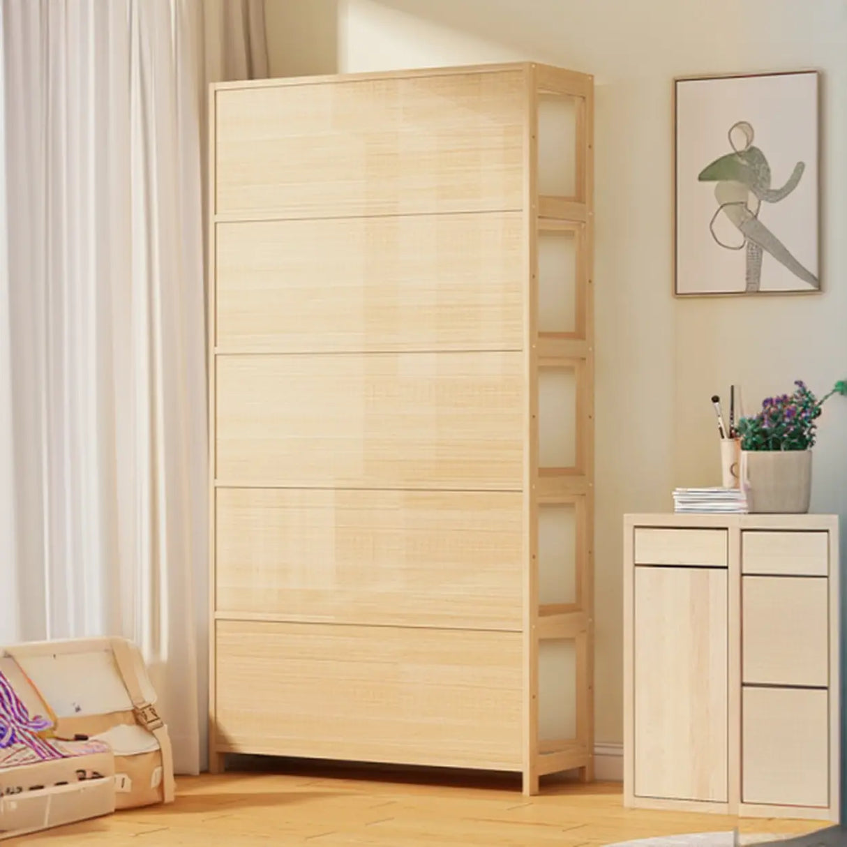 Simple Natural Wood Finish Vertical Timber Bookcase Image - 6