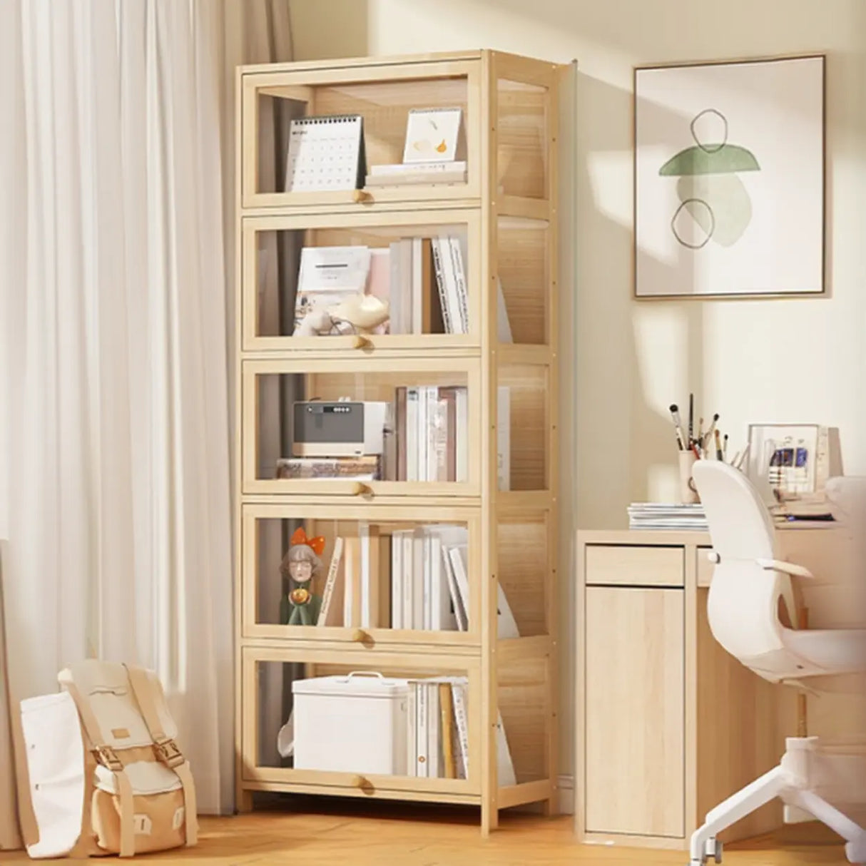 Simple Natural Wood Finish Vertical Timber Bookcase Image - 7