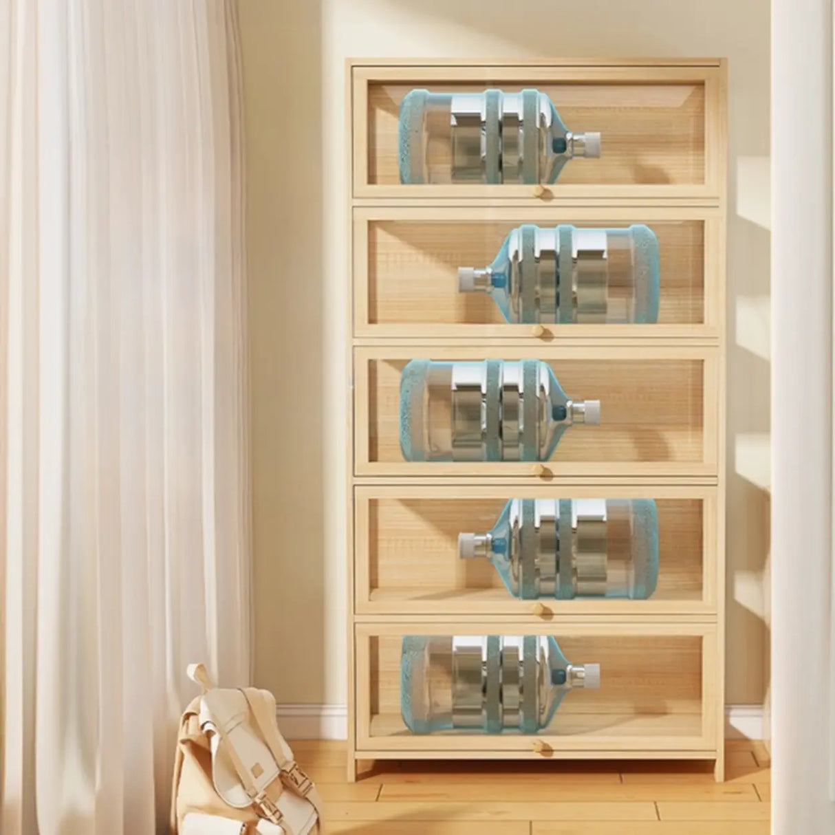 Simple Natural Wood Finish Vertical Timber Bookcase Image - 8