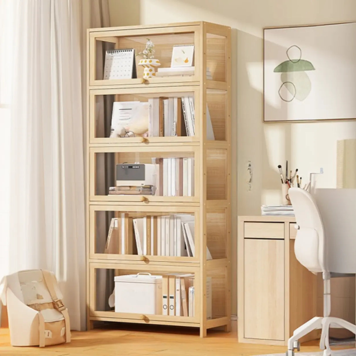 Simple Natural Wood Finish Vertical Timber Bookcase Image - 9