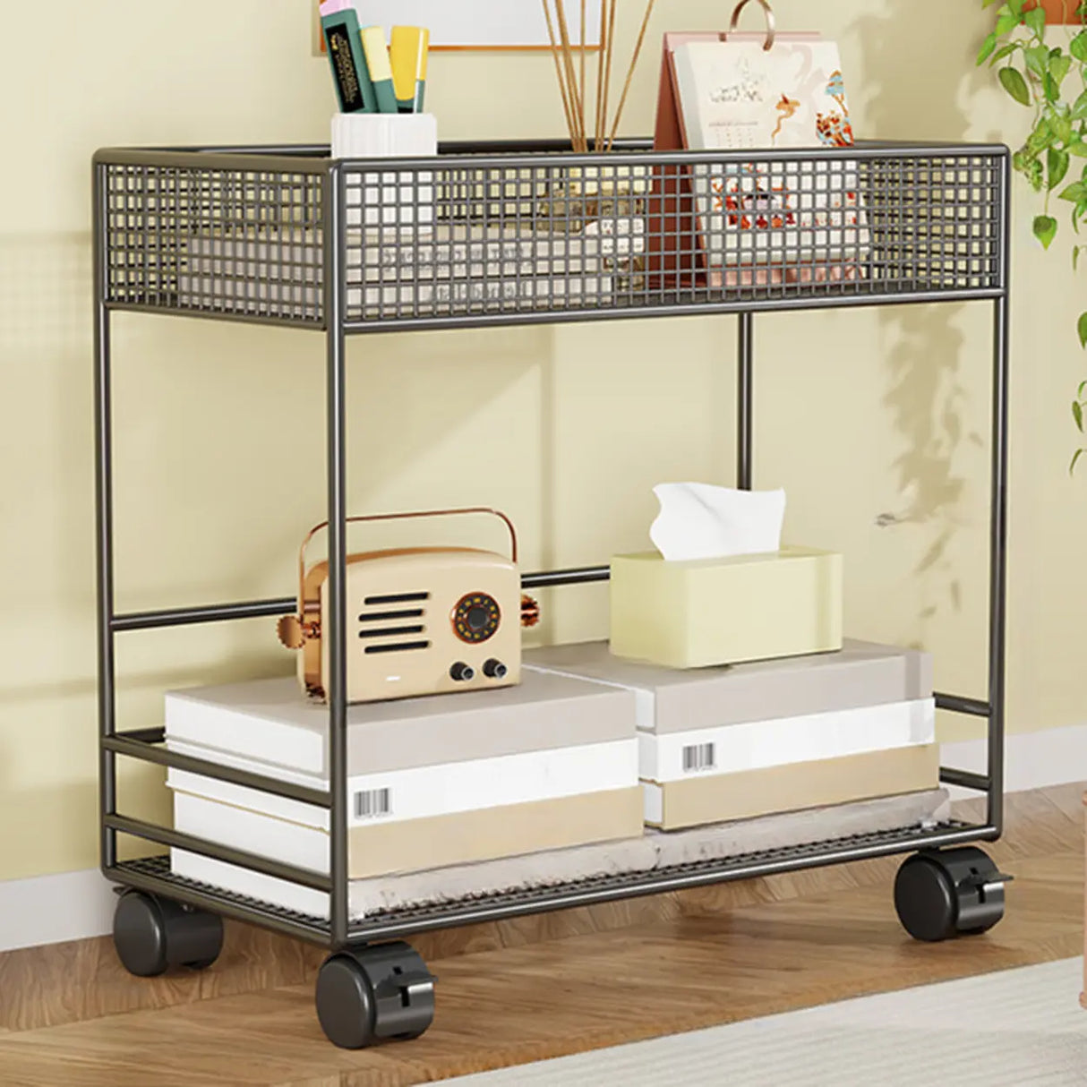 Simple Open Metal Mesh Sliding Display Bookshelf Car Image - 10