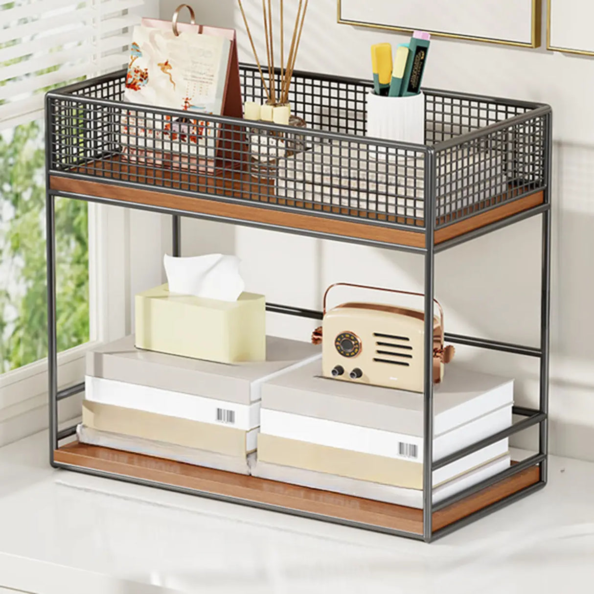 Simple Open Metal Mesh Sliding Display Bookshelf Car Image - 11