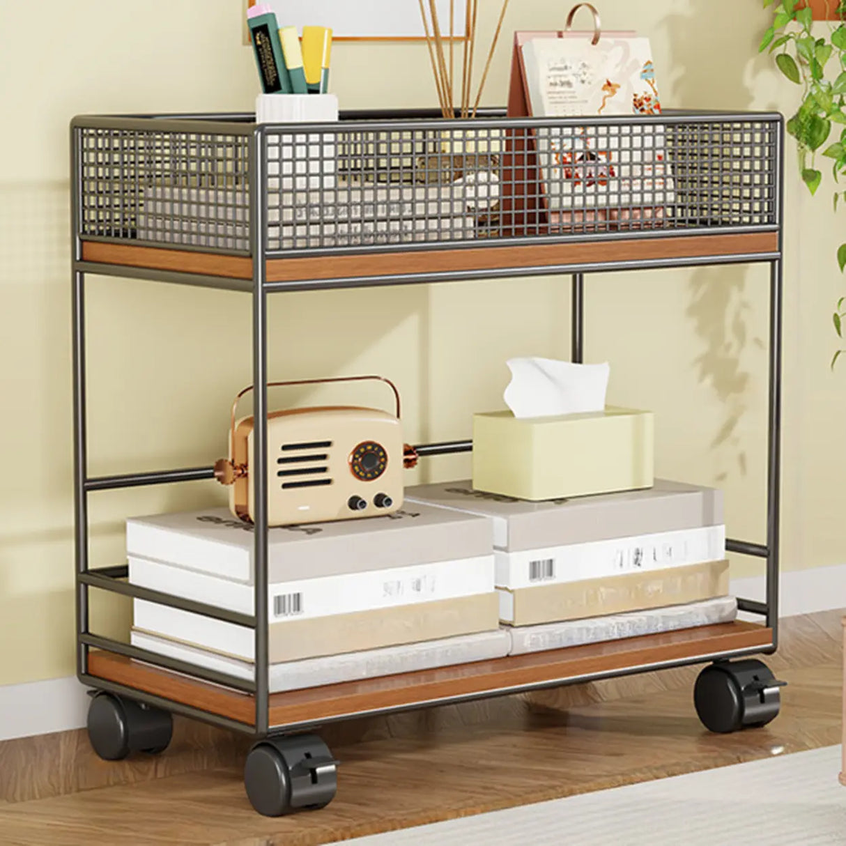 Simple Open Metal Mesh Sliding Display Bookshelf Car Image - 12
