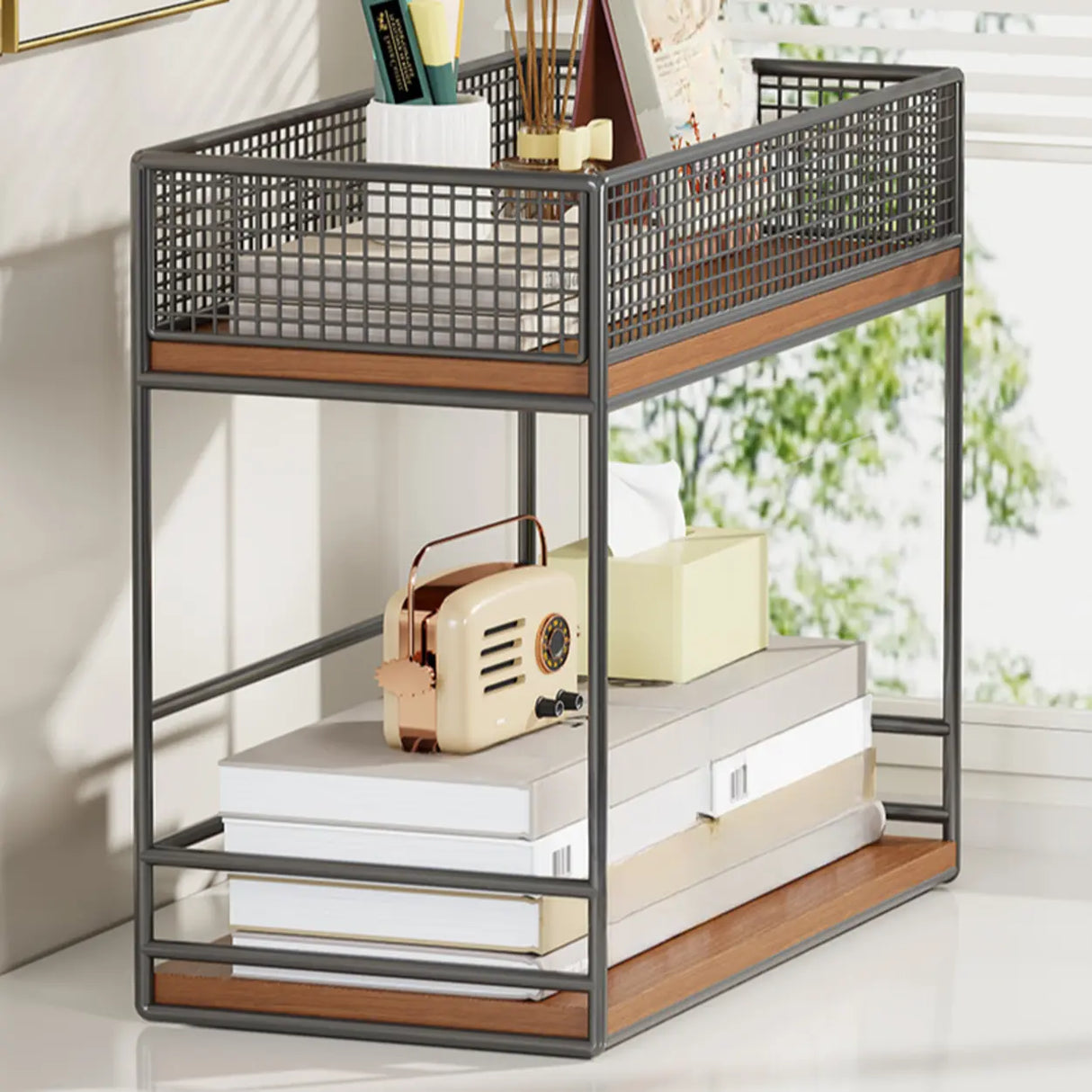 Simple Open Metal Mesh Sliding Display Bookshelf Car Image - 13