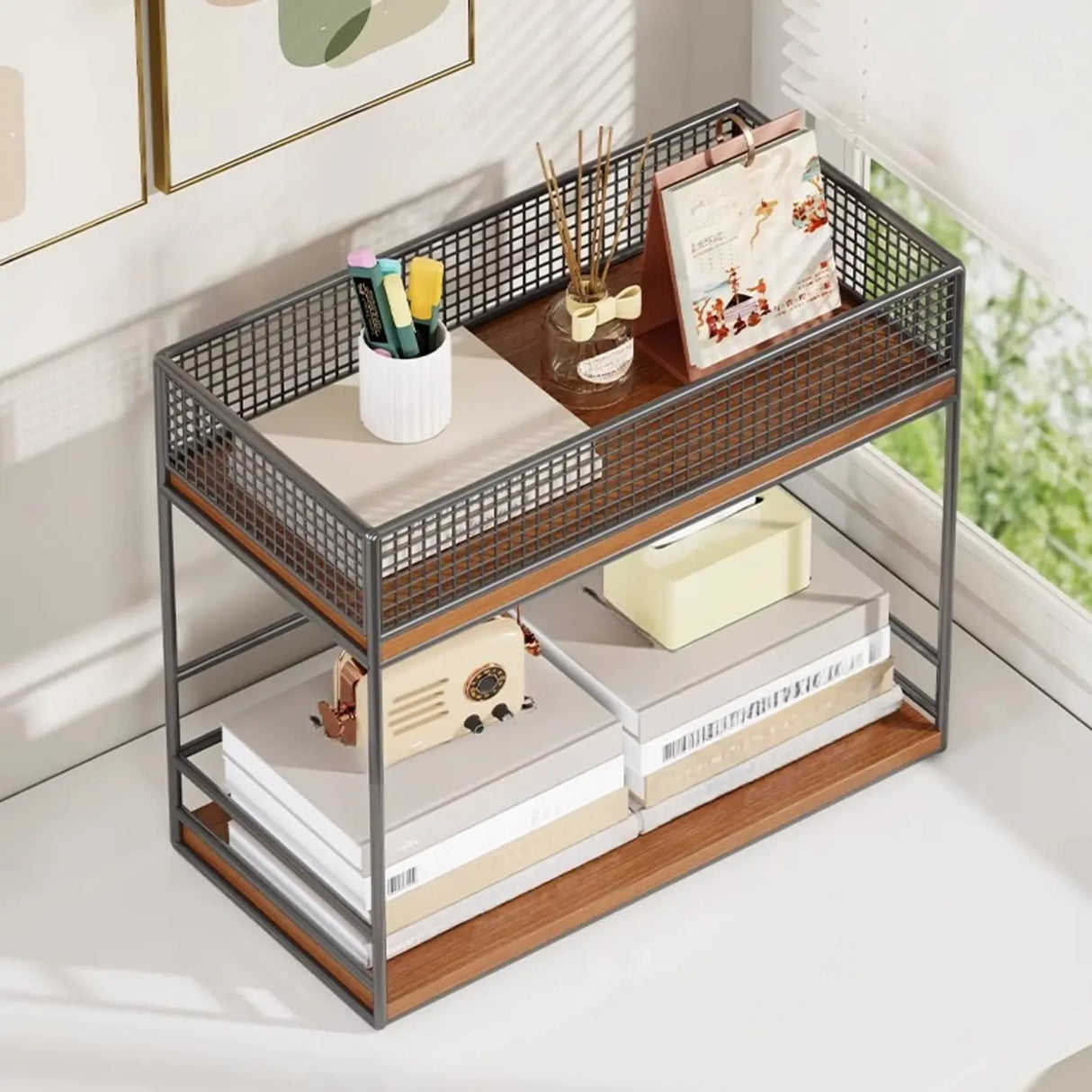 Simple Open Metal Mesh Sliding Display Bookshelf Car Image - 3