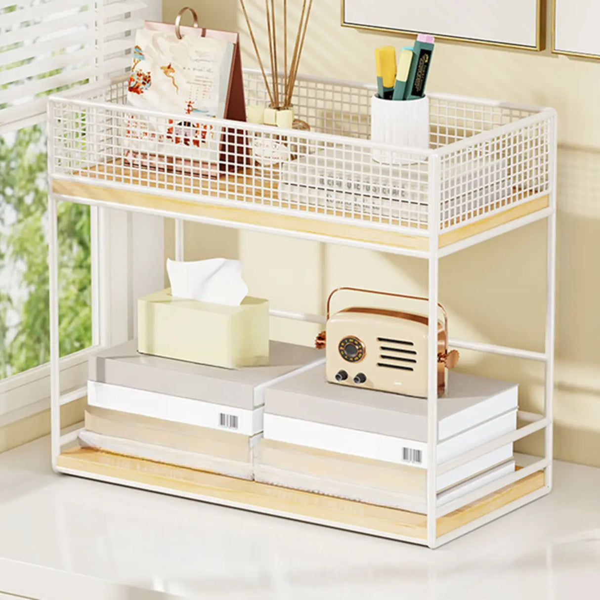 Simple Open Metal Mesh Sliding Display Bookshelf Car Image - 5