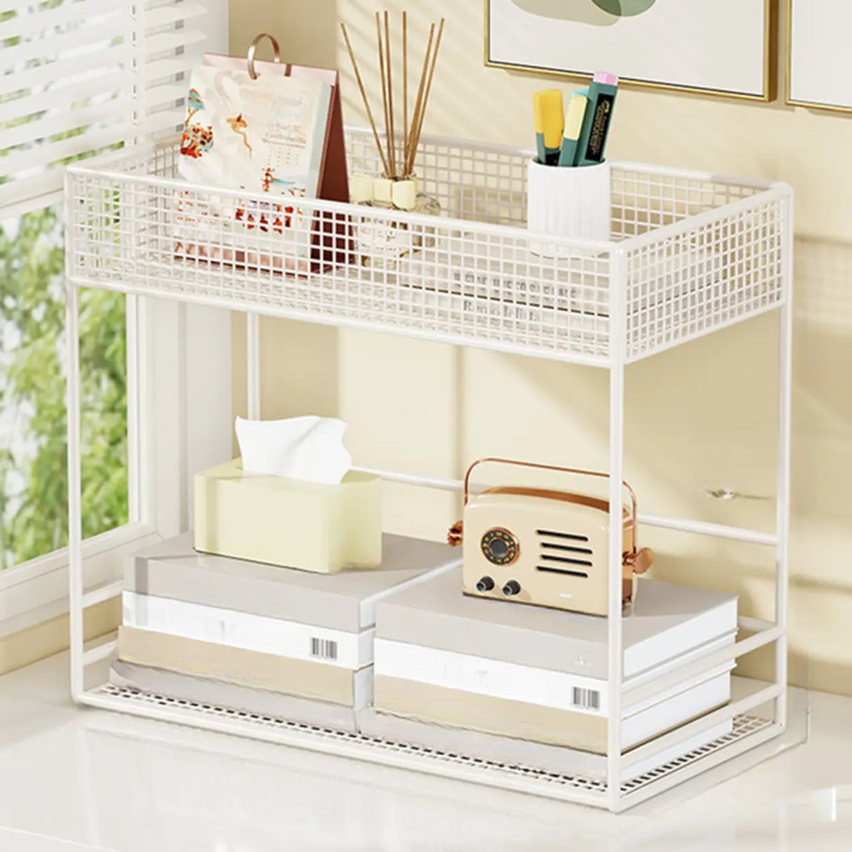 Simple Open Metal Mesh Sliding Display Bookshelf Car Image - 8