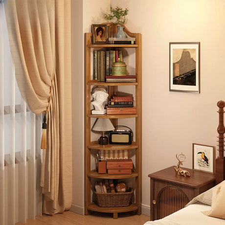 Simple Open Natural Wood Corner Shelf Stand Bookshelf Image - 1