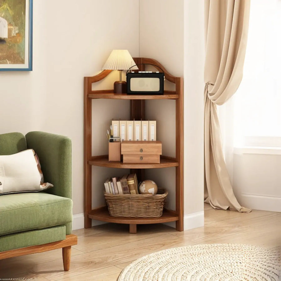 Natural wood corner bookshelf for a small living room or reading nook