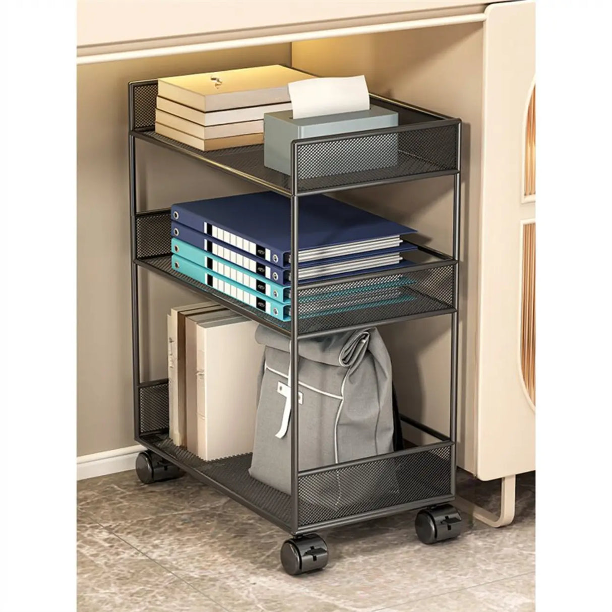 Simple Open Sliding Mesh Storage Rack Metal Bookcase Image - 6