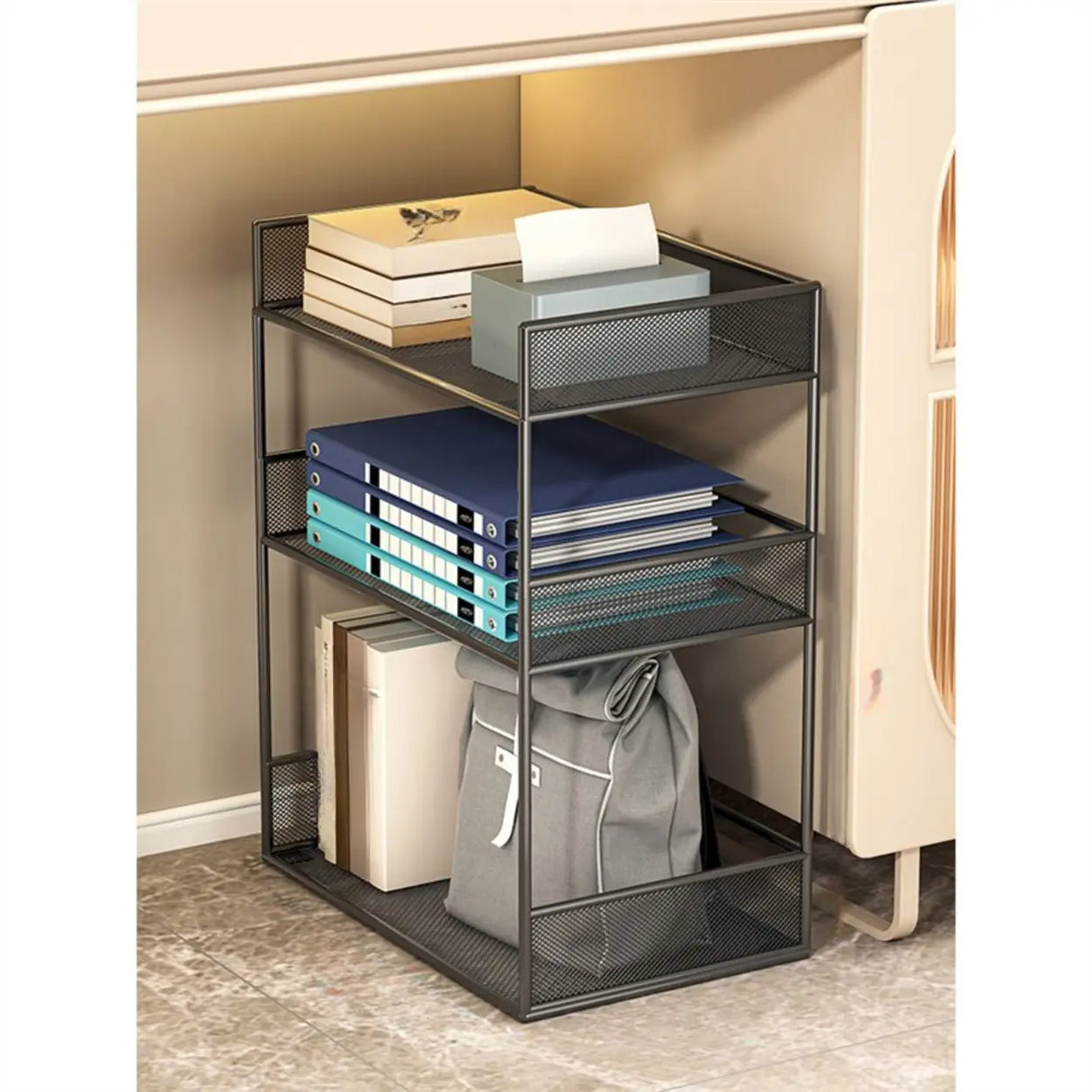Simple Open Sliding Mesh Storage Rack Metal Bookcase Image - 7